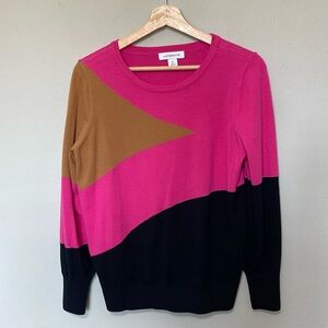 Liz Claiborne Sweater in Black Pink Camel Color-block Geometric, M